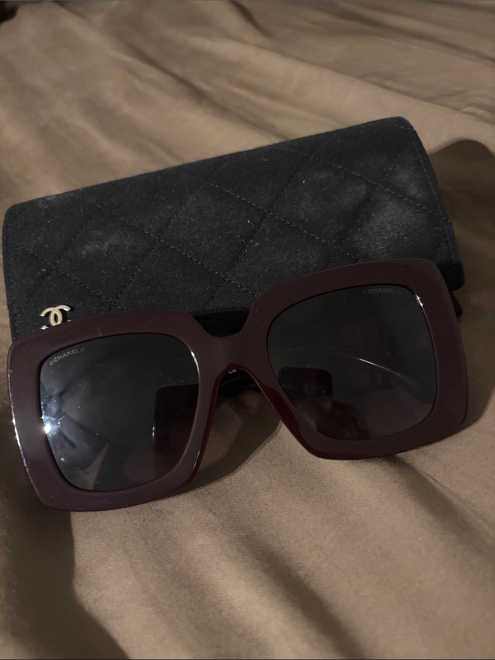 CHANEL Oversized Square Sunglasses in Deep Burgundy with Dark Lenses